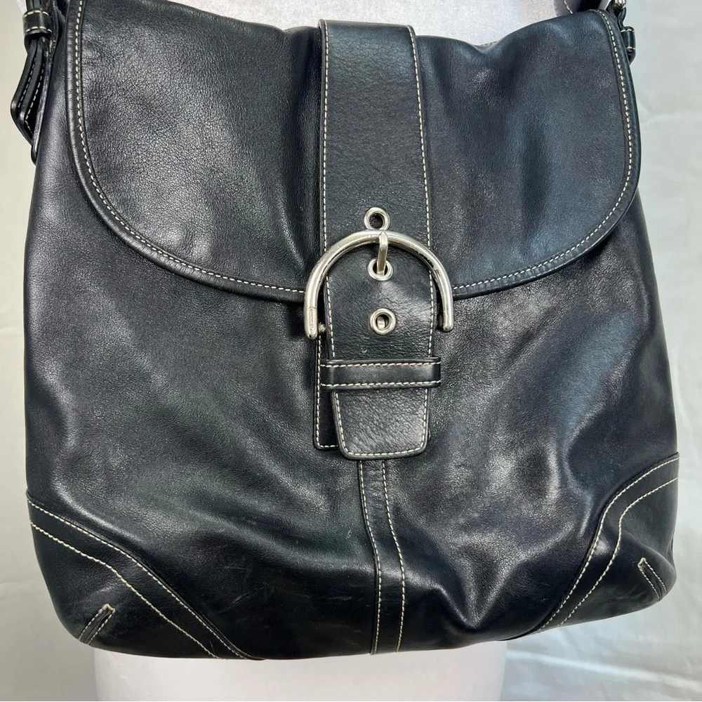 Coach black leather shoulder bag with adjustable strap and silver hardware. - Picture 2 of 11